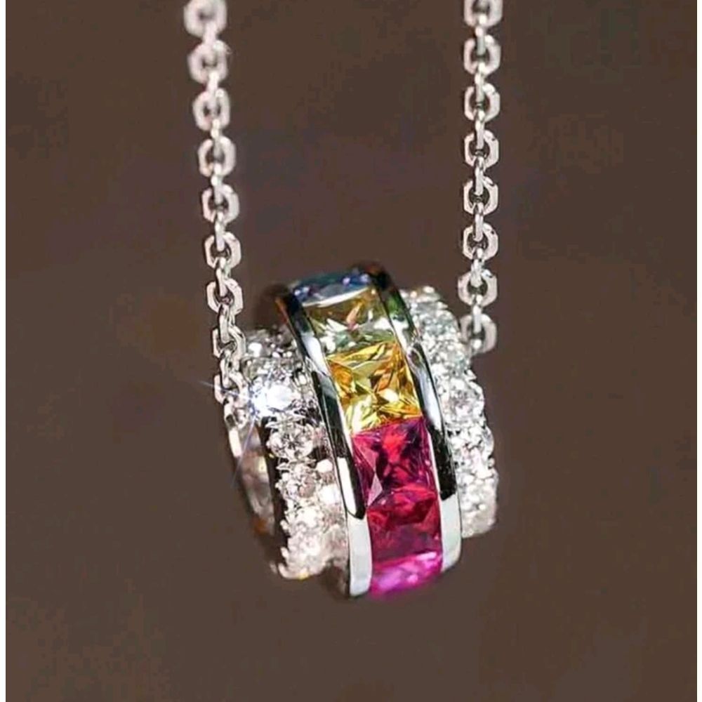 Silver Diamond Colorful Pendant Necklace